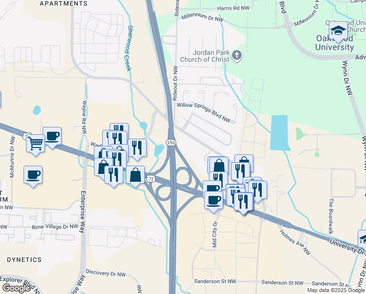 map of restaurants, bars, coffee shops, grocery stores, and more near 1155 Old Monrovia Road Northwest in Huntsville