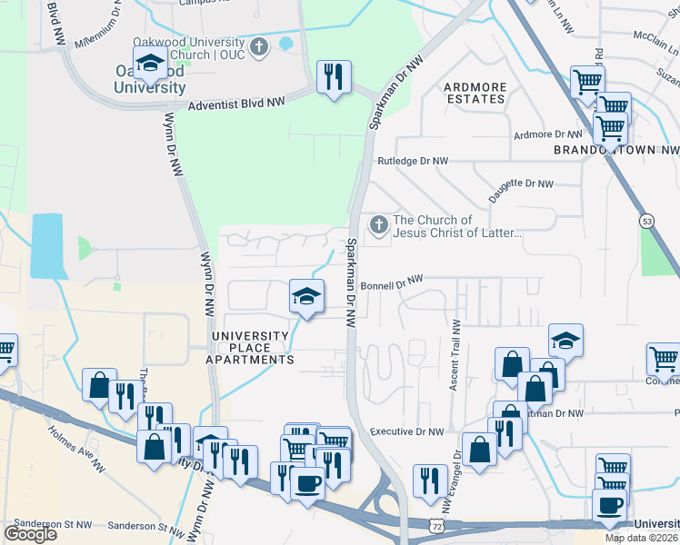 map of restaurants, bars, coffee shops, grocery stores, and more near 4903 Cotton Row Northwest in Huntsville