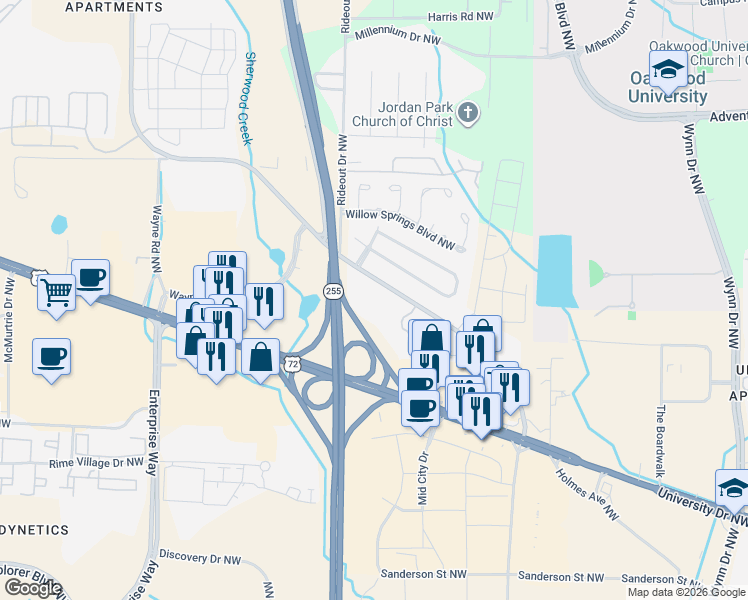 map of restaurants, bars, coffee shops, grocery stores, and more near 1155 Old Monrovia Road Northwest in Huntsville