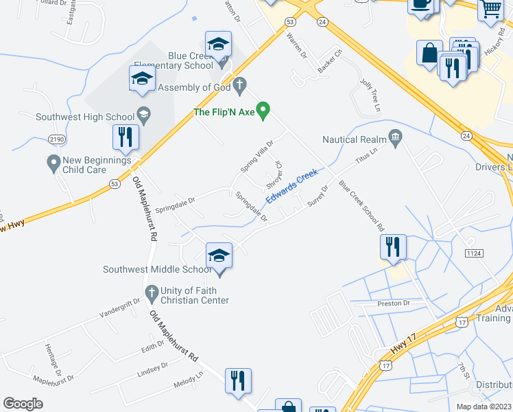 map of restaurants, bars, coffee shops, grocery stores, and more near 1115 Springdale Drive in Jacksonville