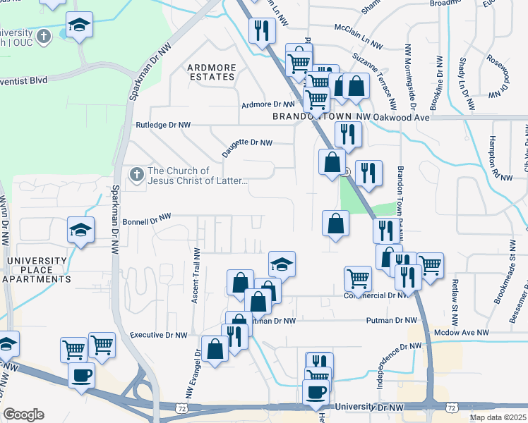 map of restaurants, bars, coffee shops, grocery stores, and more near 4414 Bonnell Drive Northwest in Huntsville