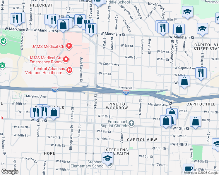 map of restaurants, bars, coffee shops, grocery stores, and more near 710 Maple Street in Little Rock