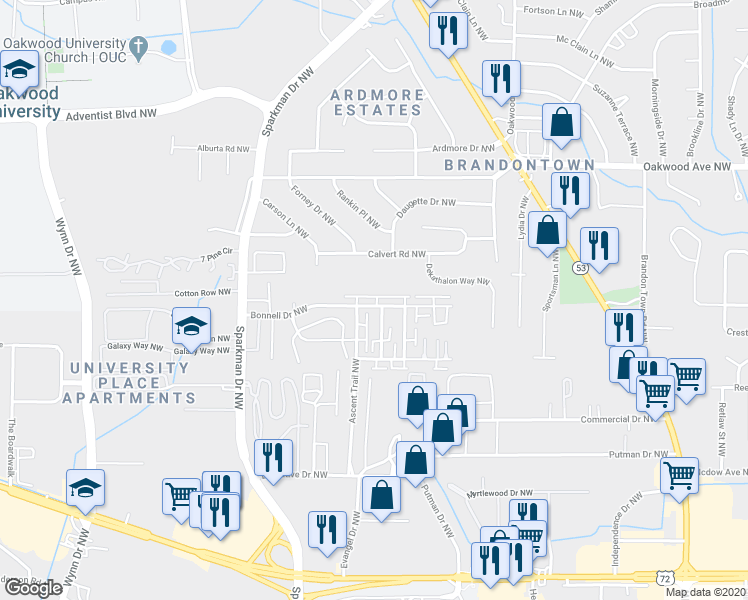map of restaurants, bars, coffee shops, grocery stores, and more near 4436 Bonnell Drive Northwest in Huntsville