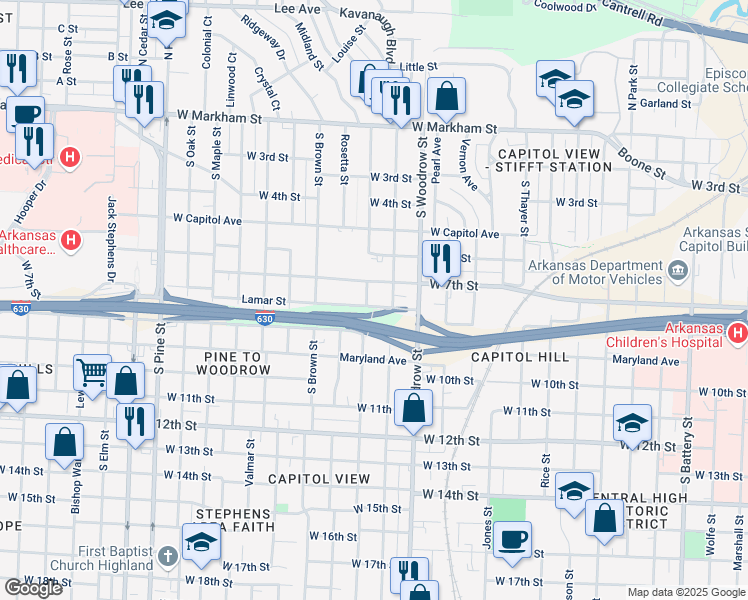 map of restaurants, bars, coffee shops, grocery stores, and more near 724 South Booker Street in Little Rock