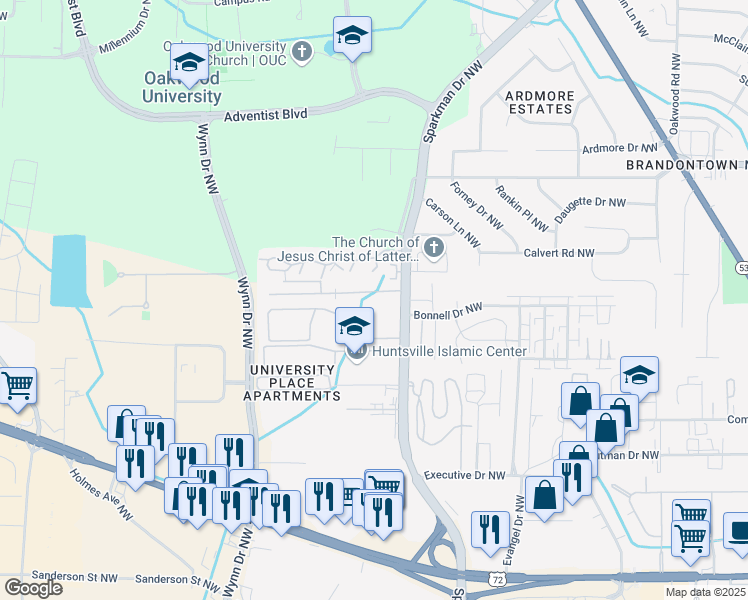 map of restaurants, bars, coffee shops, grocery stores, and more near 4907 Cotton Row Northwest in Huntsville