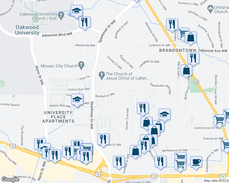 map of restaurants, bars, coffee shops, grocery stores, and more near 4512 Bonnell Drive Northwest in Huntsville