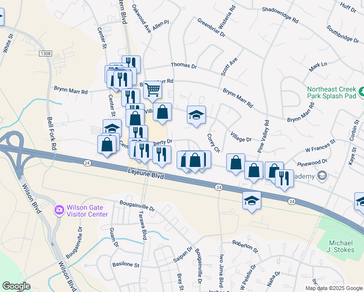 map of restaurants, bars, coffee shops, grocery stores, and more near 1835 Lejeune Boulevard in Jacksonville