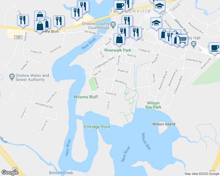map of restaurants, bars, coffee shops, grocery stores, and more near 105 Court Street in Jacksonville