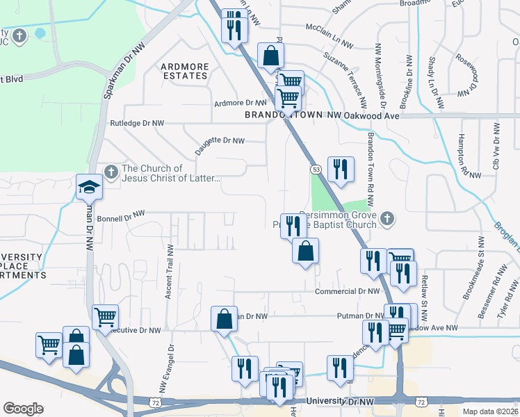 map of restaurants, bars, coffee shops, grocery stores, and more near 1747 Dekathalon Way Northwest in Huntsville
