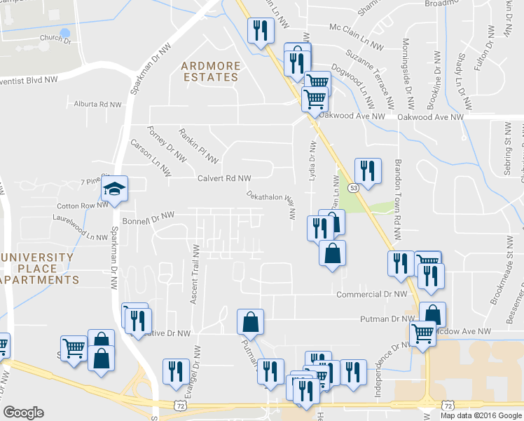 map of restaurants, bars, coffee shops, grocery stores, and more near 4419 Bonnell Drive Northwest in Huntsville