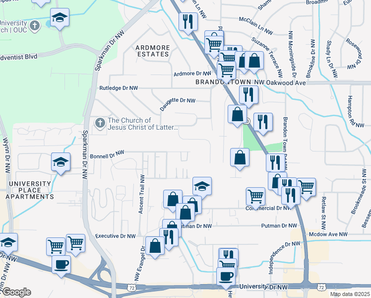 map of restaurants, bars, coffee shops, grocery stores, and more near 4419 Bonnell Drive Northwest in Huntsville