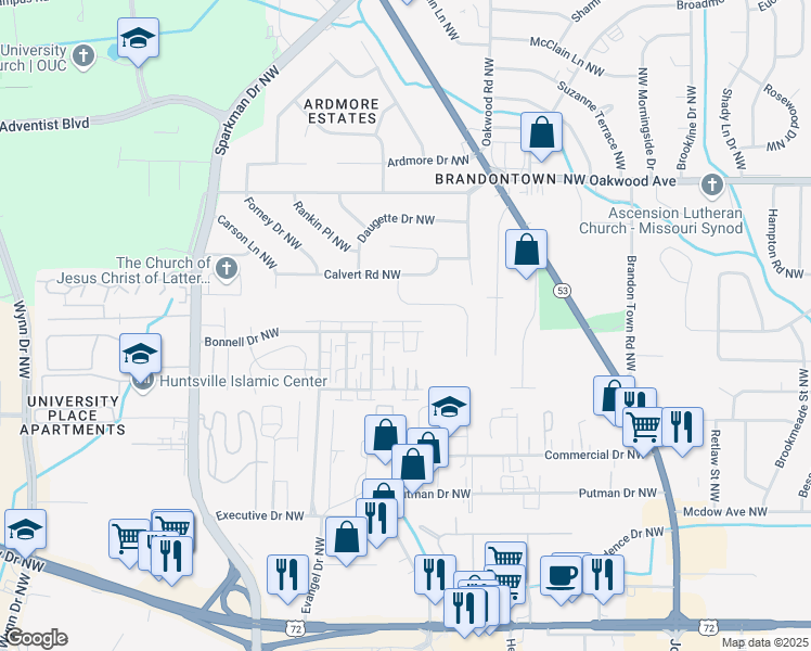map of restaurants, bars, coffee shops, grocery stores, and more near 4427 Bonnell Drive Northwest in Huntsville