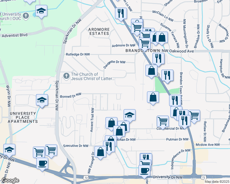 map of restaurants, bars, coffee shops, grocery stores, and more near 4427 Bonnell Drive Northwest in Huntsville