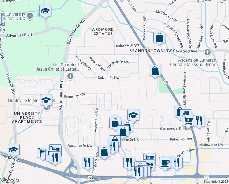 map of restaurants, bars, coffee shops, grocery stores, and more near 4427 Bonnell Drive Northwest in Huntsville
