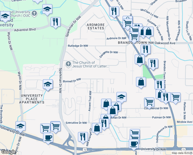 map of restaurants, bars, coffee shops, grocery stores, and more near 4433 Bonnell Drive Northwest in Huntsville