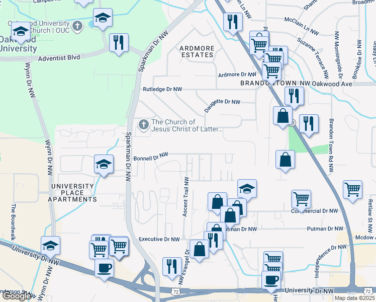 map of restaurants, bars, coffee shops, grocery stores, and more near in Huntsville