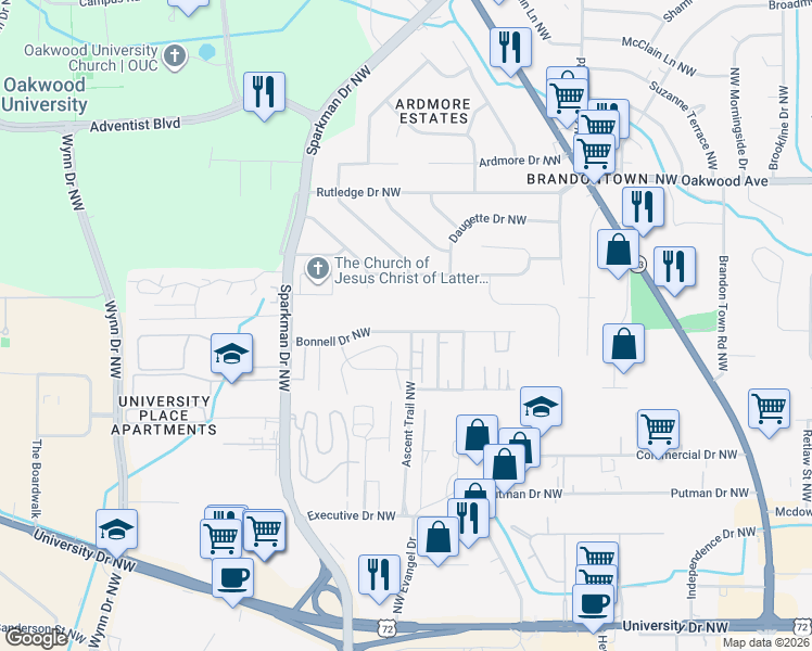 map of restaurants, bars, coffee shops, grocery stores, and more near in Huntsville