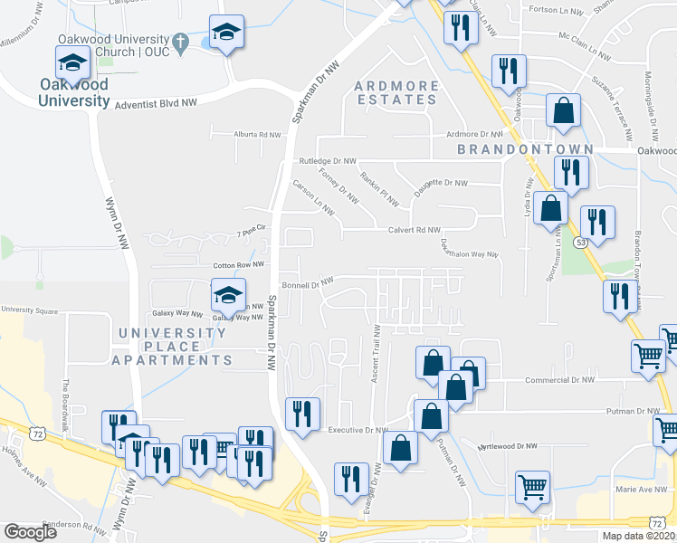 map of restaurants, bars, coffee shops, grocery stores, and more near 4510 Bonnell Drive Northwest in Huntsville