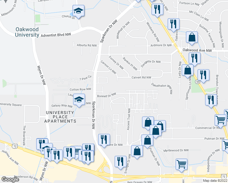 map of restaurants, bars, coffee shops, grocery stores, and more near 4510 Bonnell Drive Northwest in Huntsville