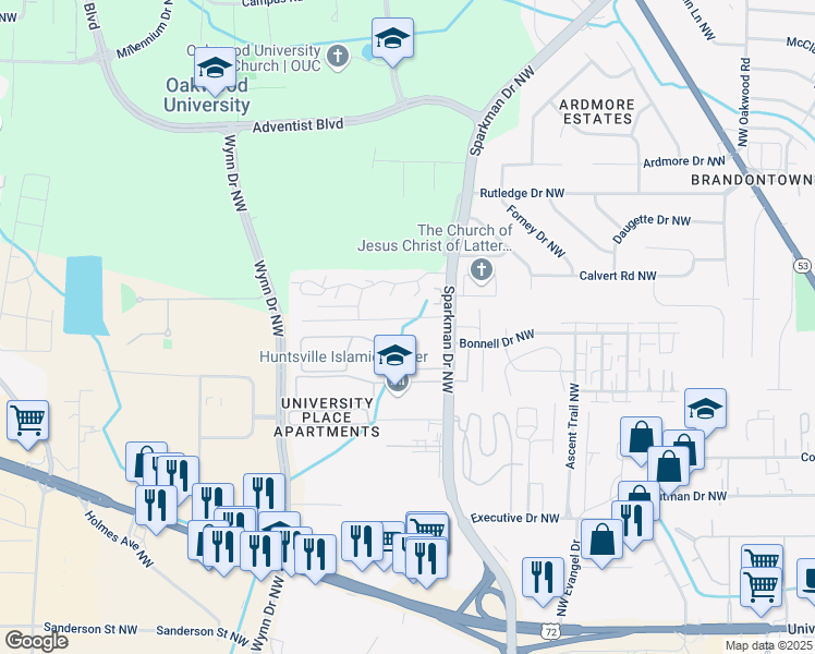 map of restaurants, bars, coffee shops, grocery stores, and more near 4907 Cotton Row Northwest in Huntsville