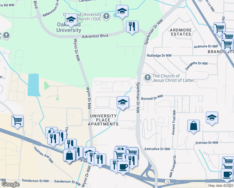 map of restaurants, bars, coffee shops, grocery stores, and more near 4915 Cotton Row Northwest in Huntsville