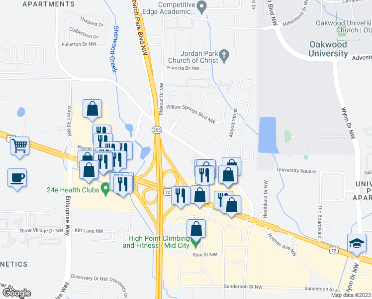 map of restaurants, bars, coffee shops, grocery stores, and more near 1155 Old Monrovia Road Northwest in Huntsville