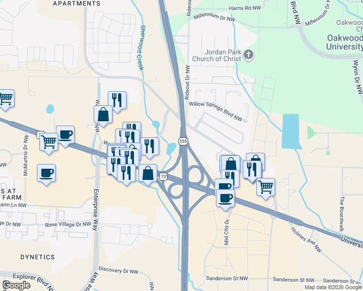 map of restaurants, bars, coffee shops, grocery stores, and more near in Huntsville