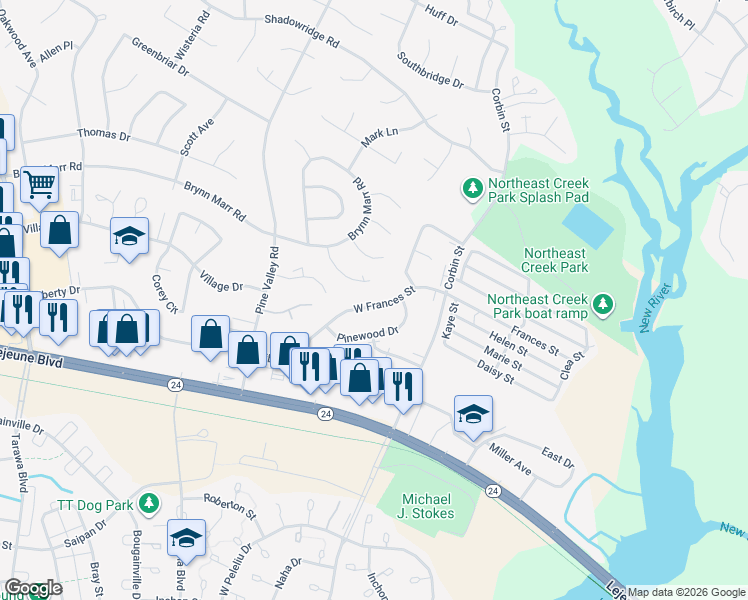 map of restaurants, bars, coffee shops, grocery stores, and more near 363 West Frances Street in Jacksonville