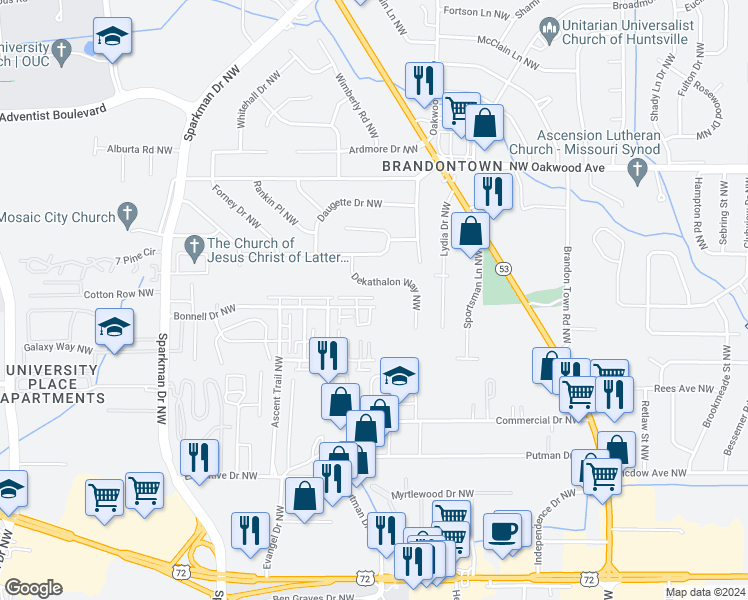 map of restaurants, bars, coffee shops, grocery stores, and more near 4414 Bonnell Drive in Huntsville