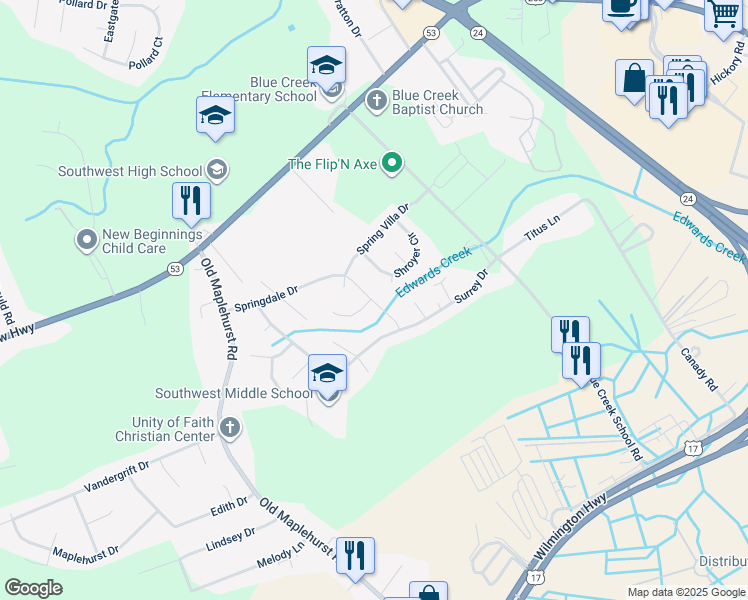 map of restaurants, bars, coffee shops, grocery stores, and more near 1115 Springdale Drive in Jacksonville
