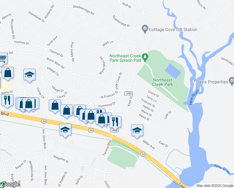 map of restaurants, bars, coffee shops, grocery stores, and more near 384 West Frances Street in Jacksonville