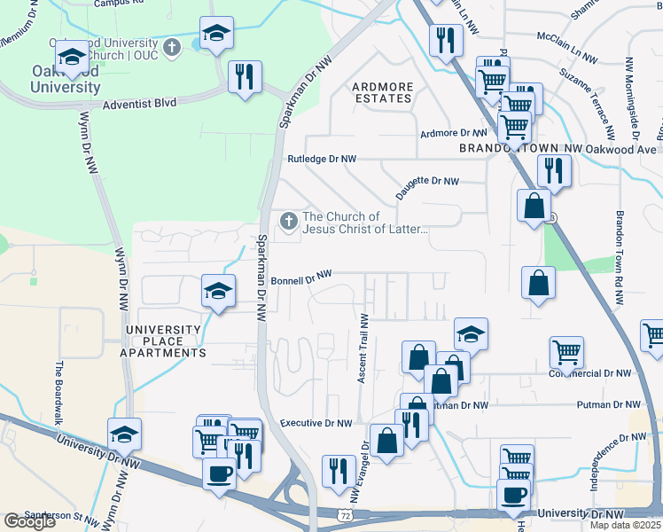 map of restaurants, bars, coffee shops, grocery stores, and more near 4510 Bonnell Drive Northwest in Huntsville