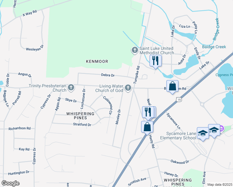 map of restaurants, bars, coffee shops, grocery stores, and more near 12581 Currie Drive in Laurinburg