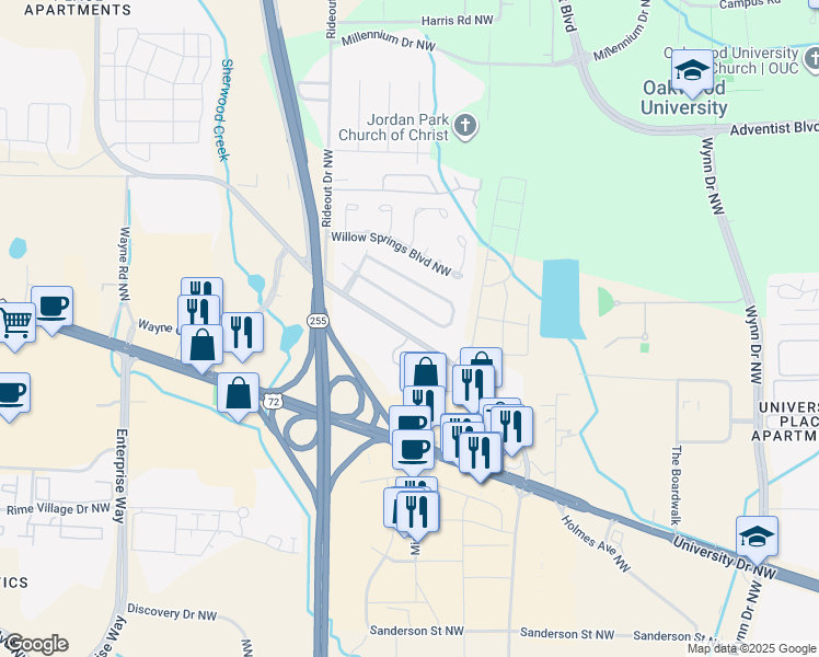 map of restaurants, bars, coffee shops, grocery stores, and more near 1009 Stones Throw Drive Northwest in Huntsville
