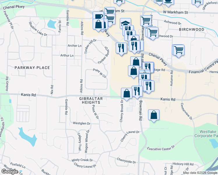 map of restaurants, bars, coffee shops, grocery stores, and more near 117 Point West Circle in Little Rock