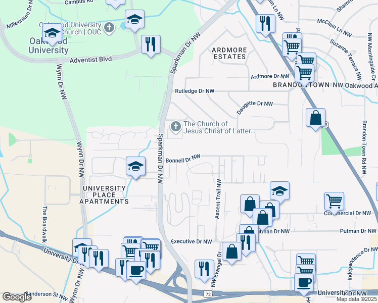 map of restaurants, bars, coffee shops, grocery stores, and more near 4516 Bonnell Drive Northwest in Huntsville
