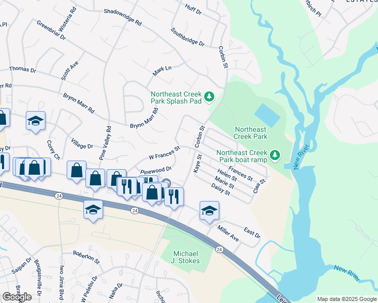 map of restaurants, bars, coffee shops, grocery stores, and more near 523 Kaye Street in Jacksonville
