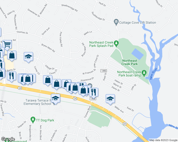 map of restaurants, bars, coffee shops, grocery stores, and more near 364 West Frances Street in Jacksonville