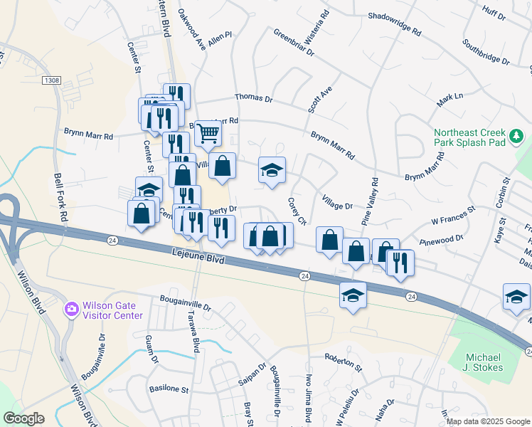 map of restaurants, bars, coffee shops, grocery stores, and more near 106 Ravenwood Drive in Jacksonville