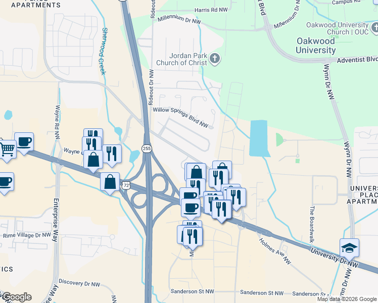 map of restaurants, bars, coffee shops, grocery stores, and more near 1009 Stones Throw Drive Northwest in Huntsville
