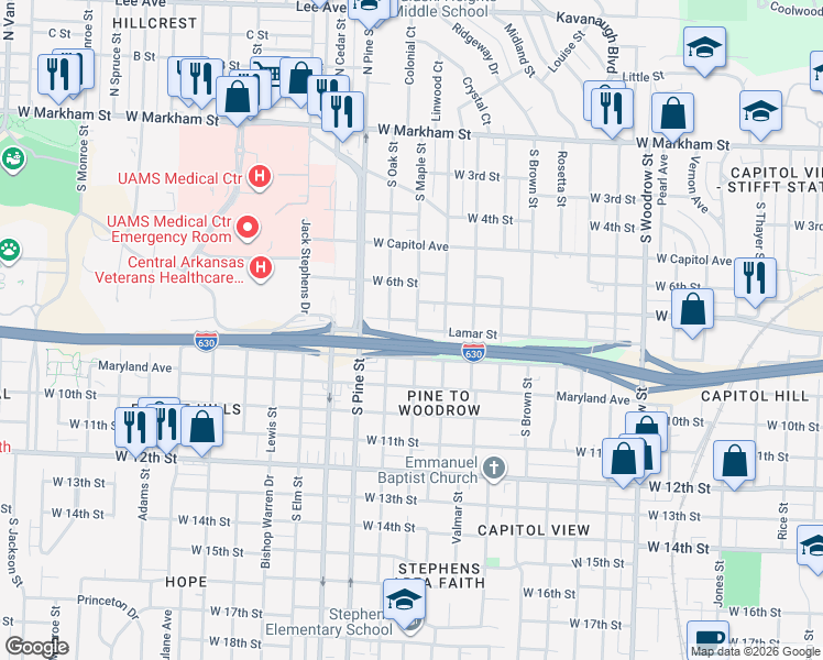map of restaurants, bars, coffee shops, grocery stores, and more near 710 Maple Street in Little Rock