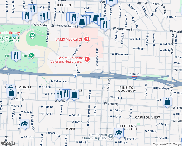 map of restaurants, bars, coffee shops, grocery stores, and more near 4215 West 8th Street in Little Rock