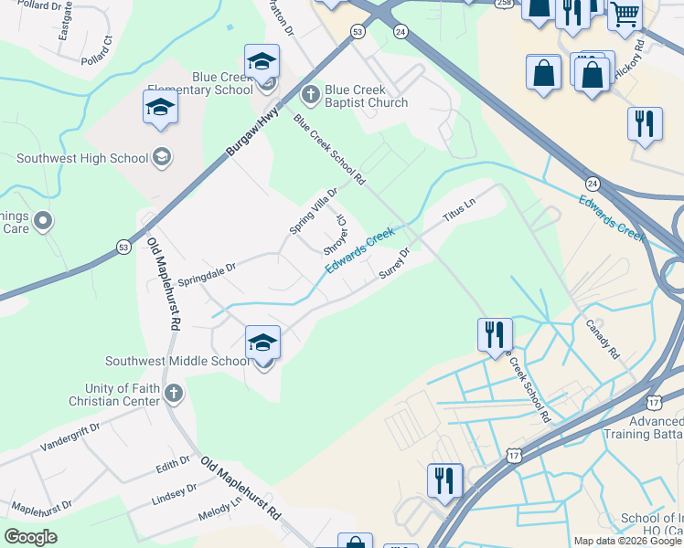 map of restaurants, bars, coffee shops, grocery stores, and more near 108 Surrey Drive in Jacksonville