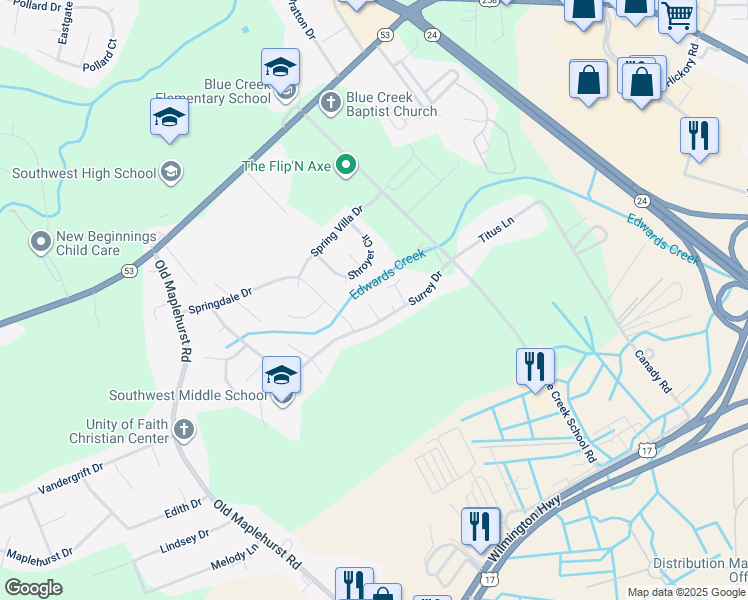 map of restaurants, bars, coffee shops, grocery stores, and more near 204 Bodmin Court in Jacksonville