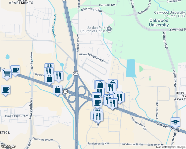 map of restaurants, bars, coffee shops, grocery stores, and more near 1155 Old Monrovia Road in Huntsville