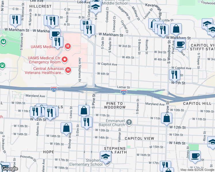 map of restaurants, bars, coffee shops, grocery stores, and more near 710 Maple Street in Little Rock