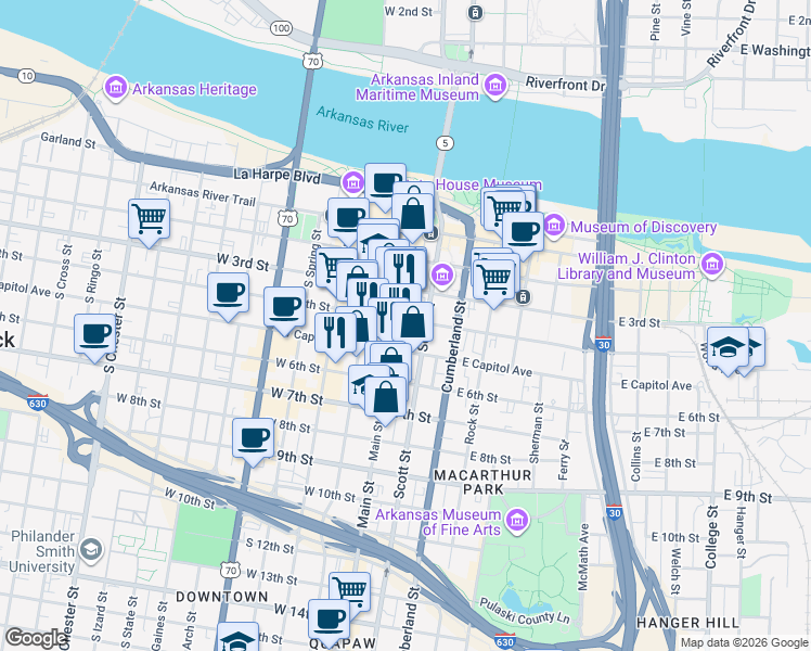 map of restaurants, bars, coffee shops, grocery stores, and more near 401 Main Street in Little Rock