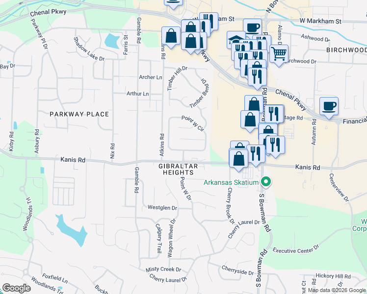 map of restaurants, bars, coffee shops, grocery stores, and more near 129 Point West Circle in Little Rock