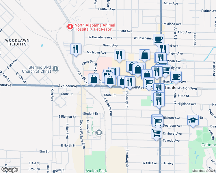 map of restaurants, bars, coffee shops, grocery stores, and more near 201 West Avalon Avenue in Muscle Shoals