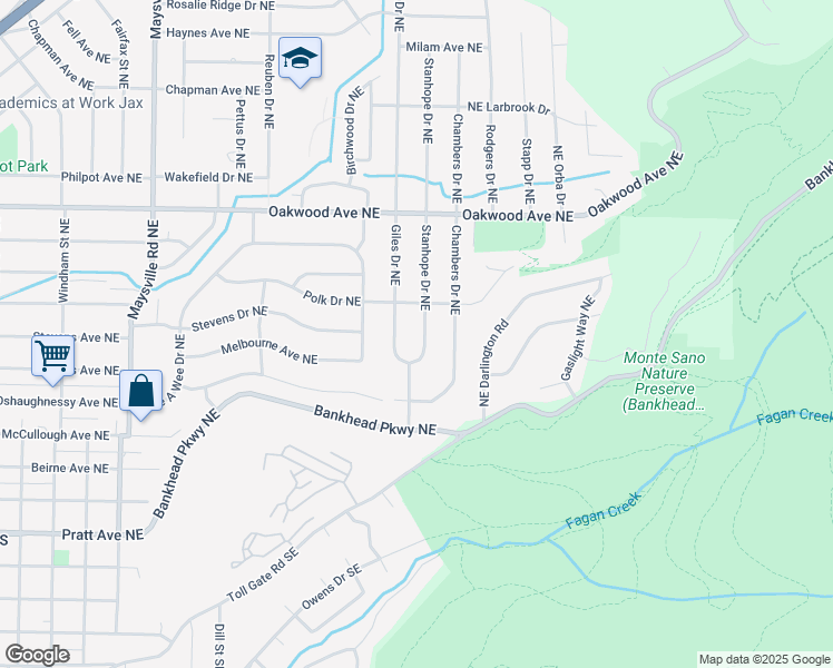 map of restaurants, bars, coffee shops, grocery stores, and more near 713 Stanhope Drive Northeast in Huntsville